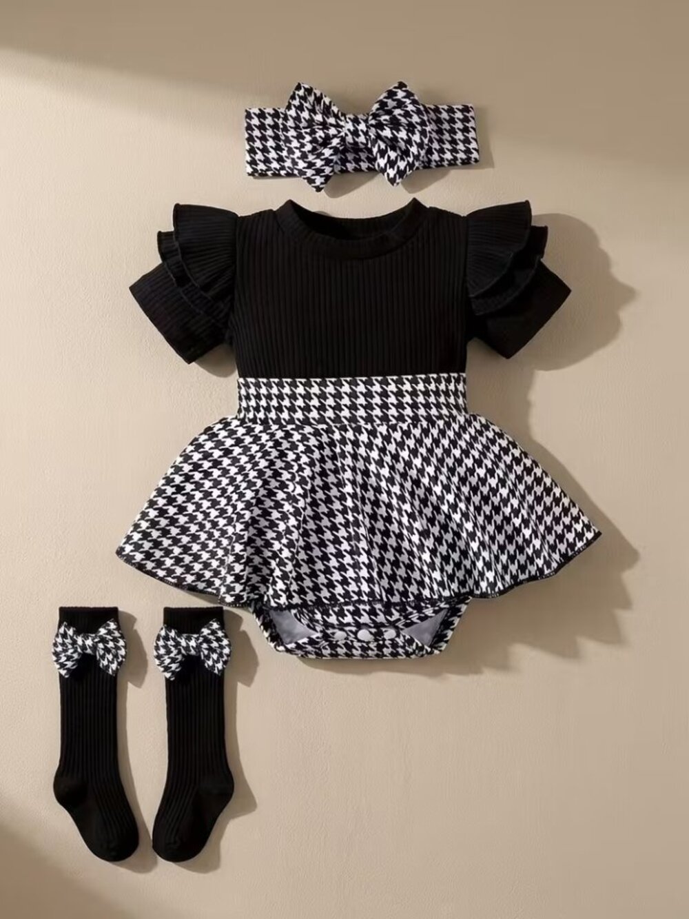 Black Houndstooth Baby Romper Dress Set with Headband and Socks